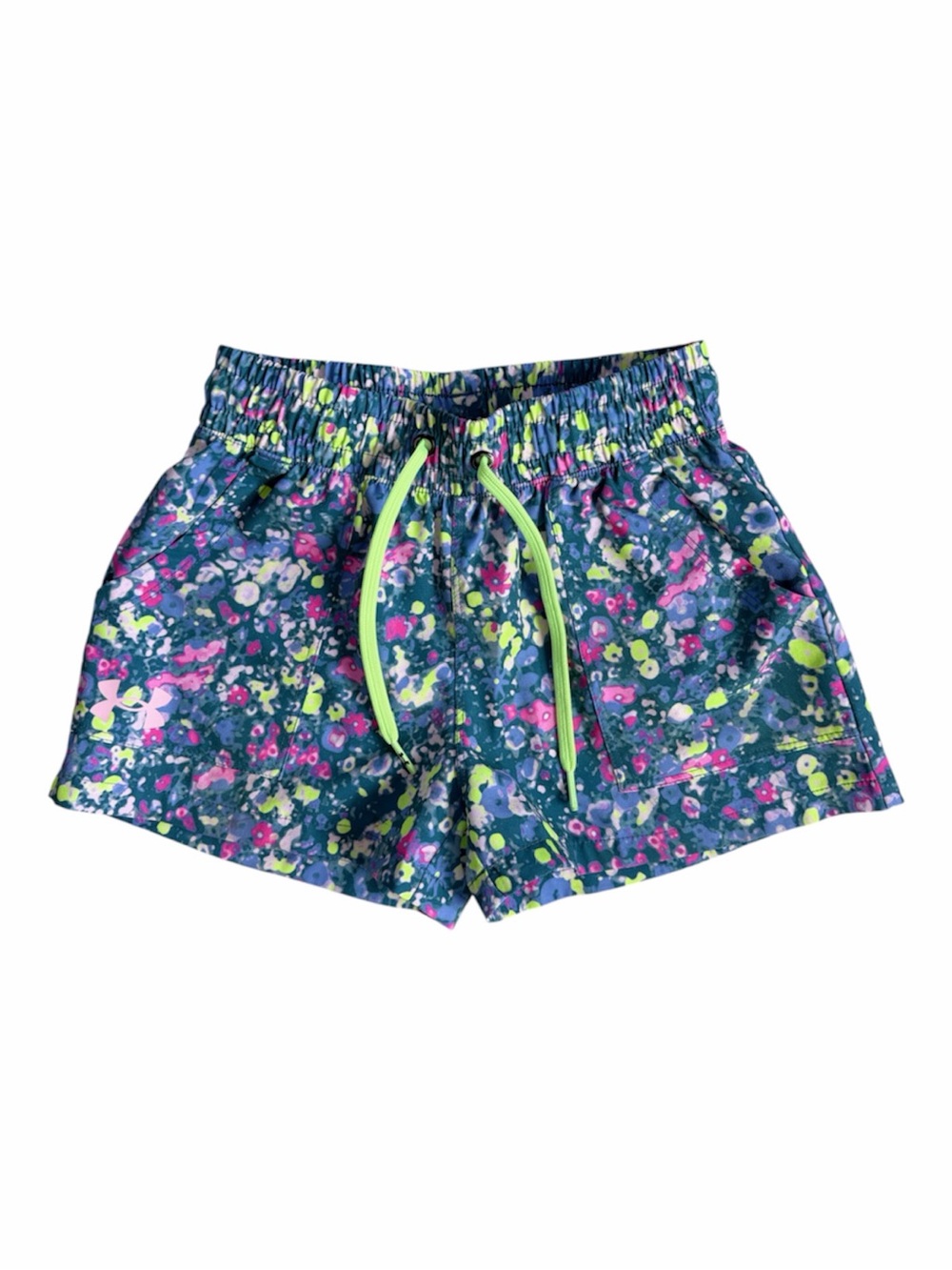 Girl’s Under Armour blue multicolor Splatter Athletic Shorts wi Neon Drawstring